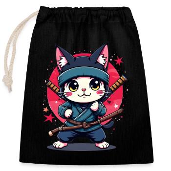 Japanische Kawaii Ninja Katze - Verschließbarer Geschenkbeutel aus Baumwolle (25x30cm) - Schwarz - Vorne