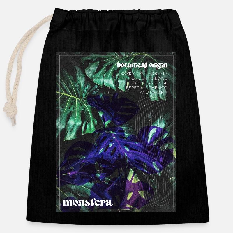 Monstera - Sac cadeau en coton avec cordon (25 x 30 cm) - noir