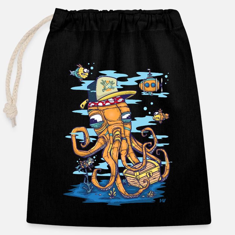 Marine Scene - Closable cotton gift bag (25x30cm) - black