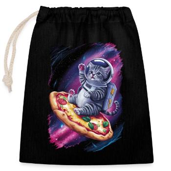 Kitten astronaut on pizza in space - Closable cotton gift bag (25x30cm) - black - Front