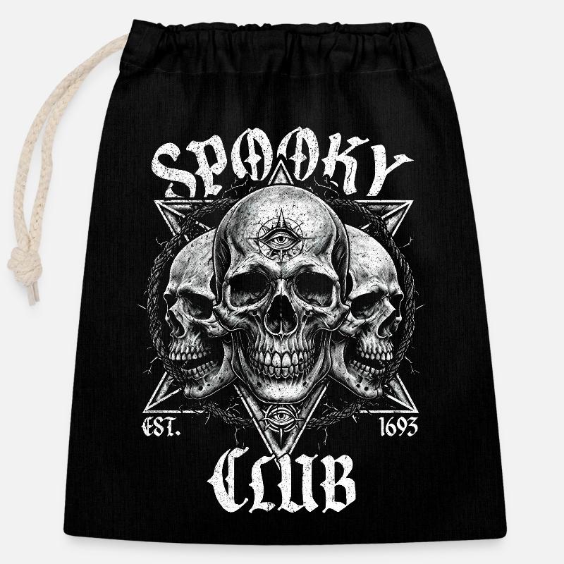 Spooky Club Crânes en niveaux de gris et peau de serpent - Sac cadeau en coton avec cordon (25 x 30 cm) - noir
