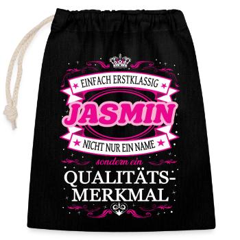 Qualitätsmerkmal Jasmin einfach Erstklassig - Verschließbarer Geschenkbeutel aus Baumwolle (25x30cm) - Schwarz - Vorne