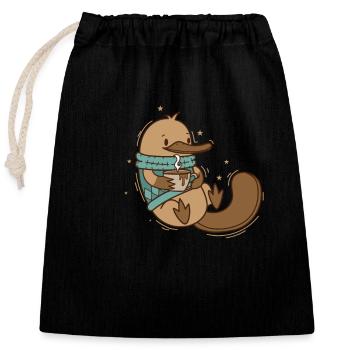Platypus in winter with sweater and coffee - Closable cotton gift bag (25x30cm) - black - Front