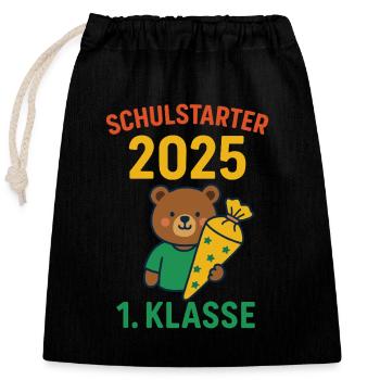 Schulstarter 2025 Grundschule 1.Klasse - Verschließbarer Geschenkbeutel aus Baumwolle (25x30cm) - Schwarz - Vorne