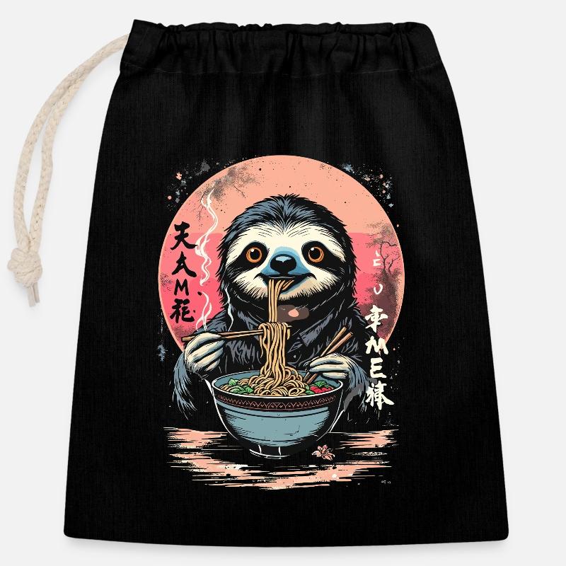 Faultier isst Ramen Japan Nudel Design - Verschließbarer Geschenkbeutel aus Baumwolle (25x30cm) - Schwarz