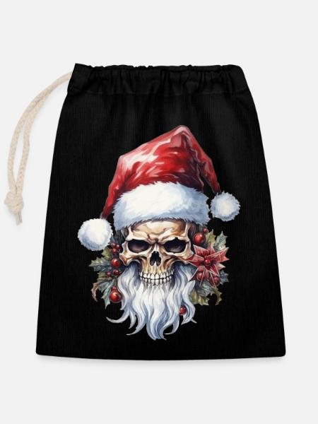 Totenkopf mit Weihnachtsmütze - Verschließbarer Geschenkbeutel aus Baumwolle (25x30cm) - Schwarz