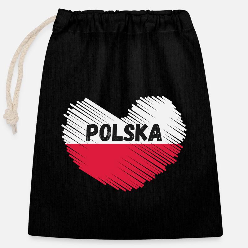 Polen Flagge in Herzform - Verschließbarer Geschenkbeutel aus Baumwolle (25x30cm) - Schwarz