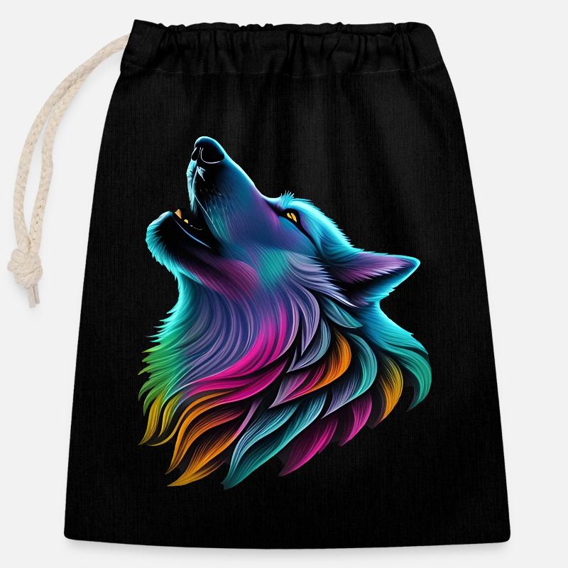 Bunter Wolf - Verschließbarer Geschenkbeutel aus Baumwolle (25x30cm) - Schwarz