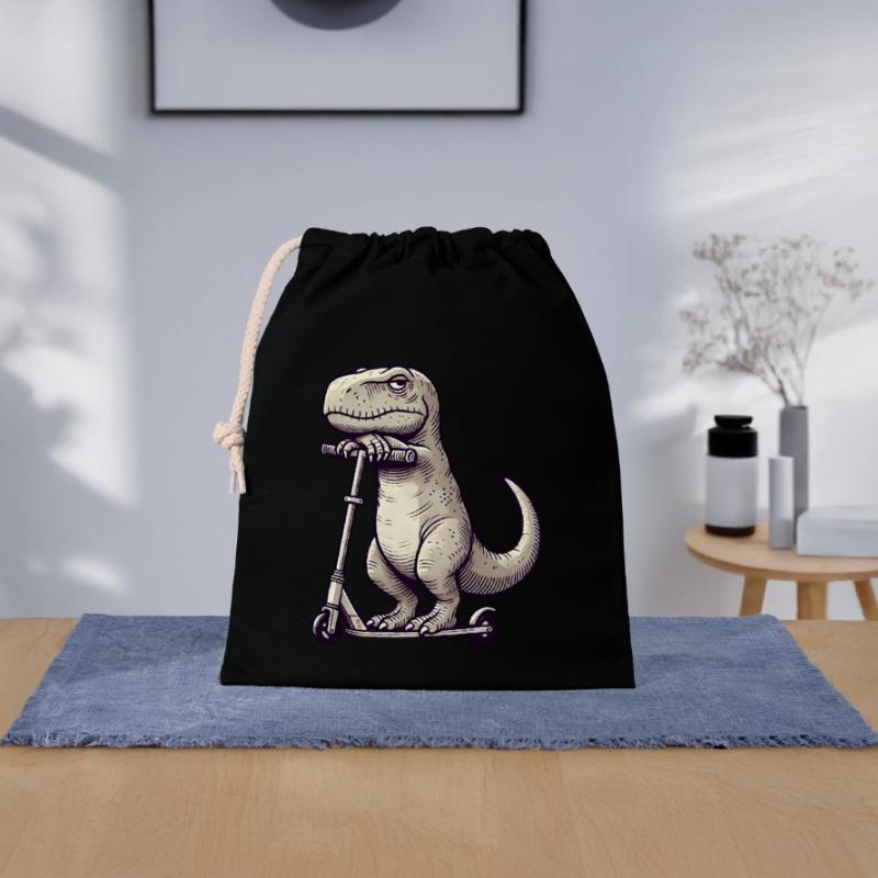 Grumpy Dino T-Rex sur Kickroller Comic Sac cadeau en coton avec cordon (25 x 30 cm)