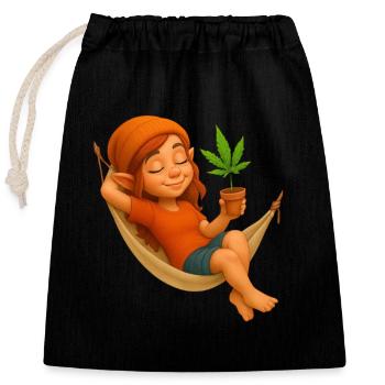 Zwergin in Hängematte mit Cannabispflanze - Verschließbarer Geschenkbeutel aus Baumwolle (25x30cm) - Schwarz - Vorne