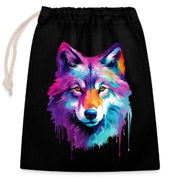Wolf Wolfskopf Natur Wildnis Aquarell Bunt Kunst - Verschließbarer Geschenkbeutel aus Baumwolle (25x30cm) - Schwarz - Vorne