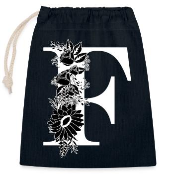 Lettre f floral noir et blanc - Sac cadeau en coton avec cordon (25 x 30 cm) - bleu marine - Devant