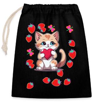 Années 80 Rétro Chat Chats Fraises Fraise Enfants - Sac cadeau en coton avec cordon (25 x 30 cm) - noir - Devant