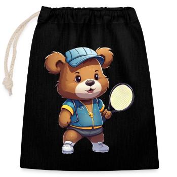 Ours mignon en tant que joueur de tennis et de badminton - - Sac cadeau en coton avec cordon (25 x 30 cm) - noir - Devant