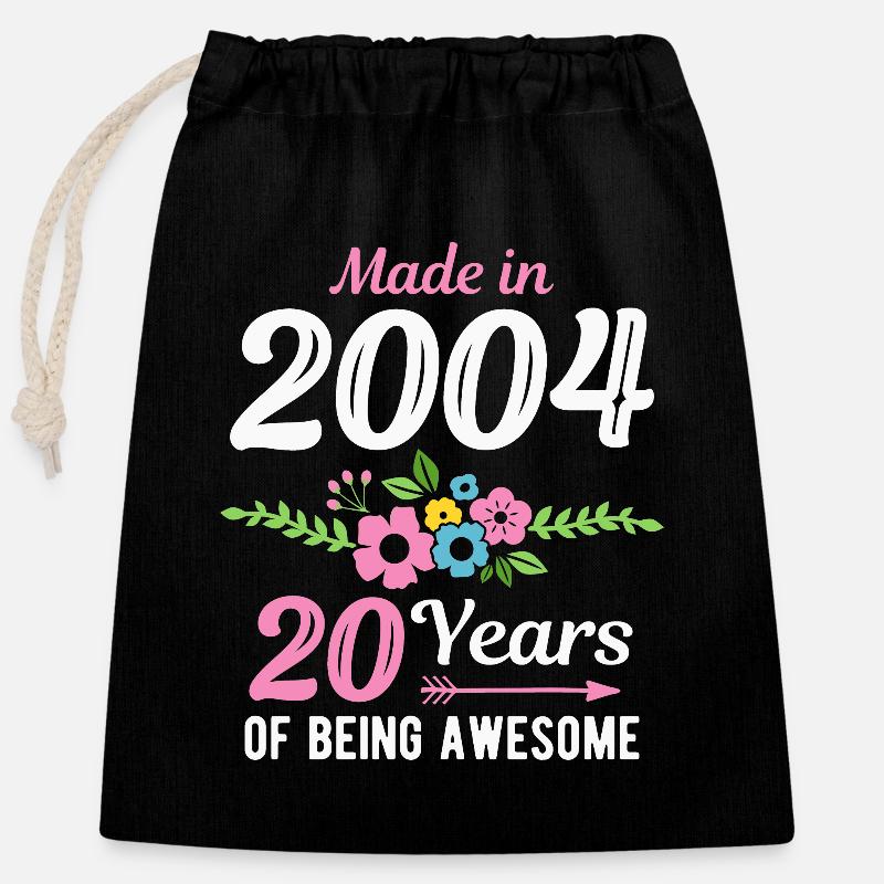 Made In 2004 Floral 20th Birthday 20 Years - Closable cotton gift bag (25x30cm) - black