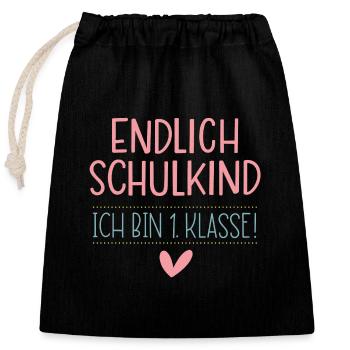 Endlich Schulkind - Verschließbarer Geschenkbeutel aus Baumwolle (25x30cm) - Schwarz - Vorne