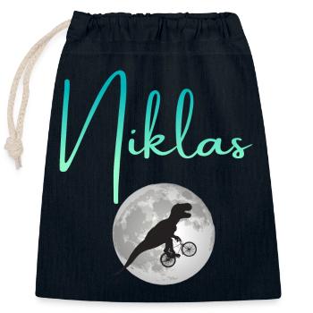 NIKLAS - Schöner Jungen Name mit Dinosaurier - Verschließbarer Geschenkbeutel aus Baumwolle (25x30cm) - Navy - Vorne