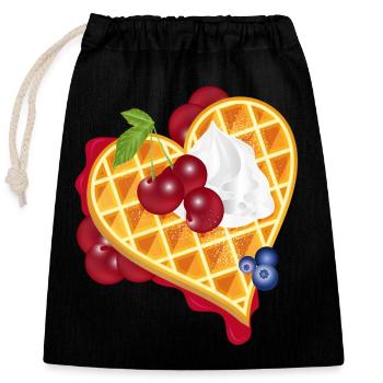 Golden heart waffle illustration with cherries - Closable cotton gift bag (25x30cm) - black - Front