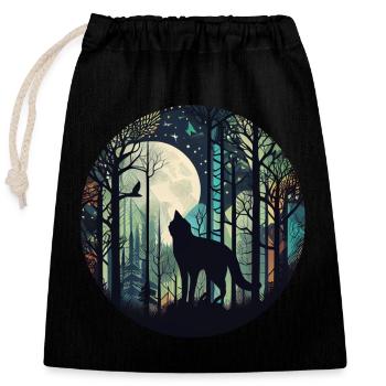 Katze im Wald mit Vollmond, Bäumen - Verschließbarer Geschenkbeutel aus Baumwolle (25x30cm) - Schwarz - Vorne