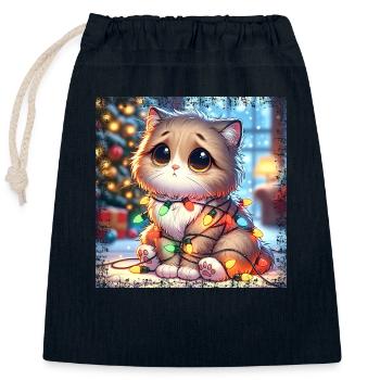 Cute Christmas Cat - Fairy Lights Chaos in the - Closable cotton gift bag (25x30cm) - navy - Front