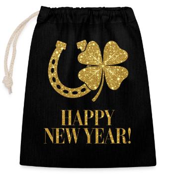 Bonne Année Trèfle Fer à Cheval Or Porte-bonheur - Sac cadeau en coton avec cordon (25 x 30 cm) - noir - Devant