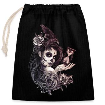Tattoo Style Sugar Skull Girl with Bird - Closable cotton gift bag (25x30cm) - black - Front