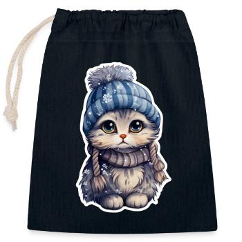 Chat dans la neige avec chapeau et écharpe - Sac cadeau en coton avec cordon (25 x 30 cm) - bleu marine - Devant
