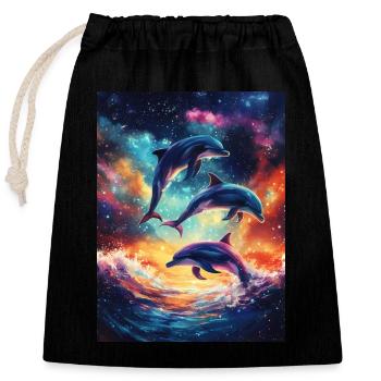 Galaxie des dauphins colorés - Sac cadeau en coton avec cordon (25 x 30 cm) - noir - Devant