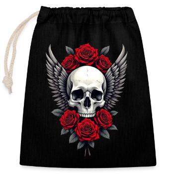 Geflügelter Totenkopf & rote Rosen, Gothic, Totenkopf - Verschließbarer Geschenkbeutel aus Baumwolle (25x30cm) - Schwarz - Vorne