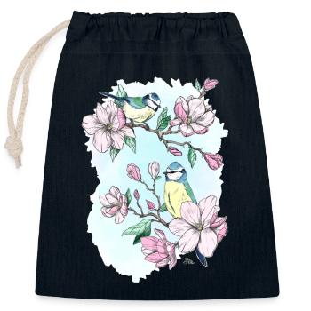 Blaumeisen und Magnolien - Verschließbarer Geschenkbeutel aus Baumwolle (25x30cm) - Navy - Vorne