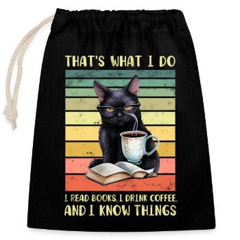 Schwarze Katze mit Kaffee und Buch - Verschließbarer Geschenkbeutel aus Baumwolle (25x30cm) - Schwarz - Vorne