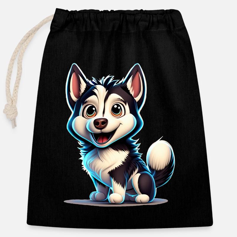Dessin animé Husky - Sac cadeau en coton avec cordon (25 x 30 cm) - noir