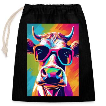 Bunte Kuh mit Brille - Verschließbarer Geschenkbeutel aus Baumwolle (25x30cm) - Schwarz - Vorne