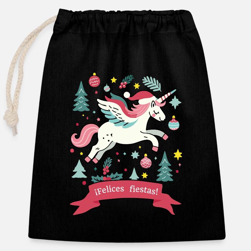 Noël LICORNE - Sac cadeau en coton avec cordon (25 x 30 cm) - noir