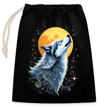 Wolf & Mond - Mystische Kunst - Verschließbarer Geschenkbeutel aus Baumwolle (25x30cm) - Schwarz - Vorne
