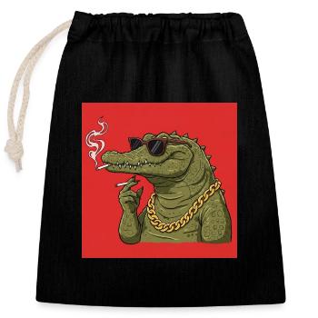 Rauchendes Krokodil mit Goldkette und Sonnenbrille - Verschließbarer Geschenkbeutel aus Baumwolle (25x30cm) - Schwarz - Vorne
