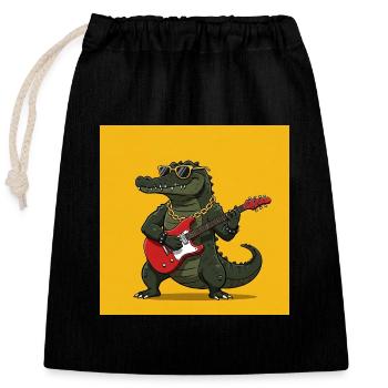 Cooles Krokodil mi E-Gitarre und Goldkette - Verschließbarer Geschenkbeutel aus Baumwolle (25x30cm) - Schwarz - Vorne