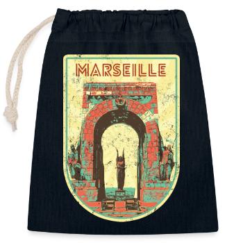 Badge retro, Marseille France est ma ville natale - Sac cadeau en coton avec cordon (25 x 30 cm) - bleu marine - Devant