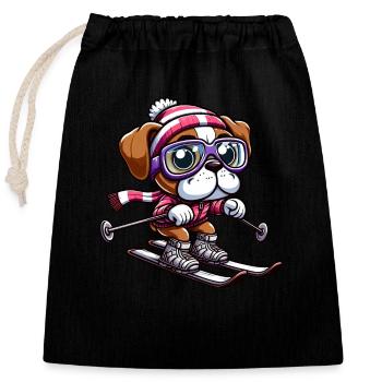 Boxer dog on skis - winter holiday in comic style - Closable cotton gift bag (25x30cm) - black - Front
