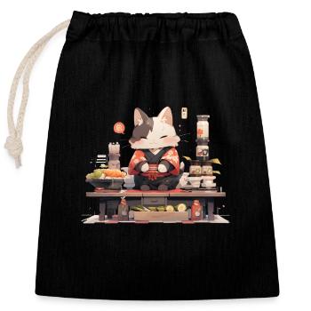 Chat samouraï mange des sushis - Sac cadeau en coton avec cordon (25 x 30 cm) - noir - Devant