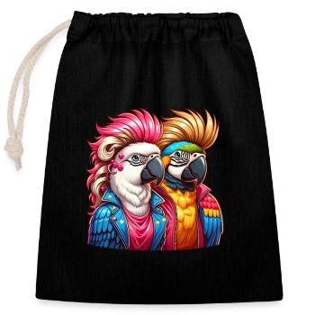 Colorful illustrated parrots with punk hairstyles - Closable cotton gift bag (25x30cm) - black - Front