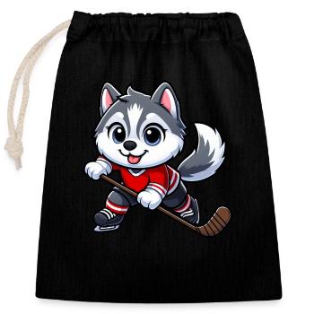 chien mignon husky joueur de hockey sur glace dessin animé - Sac cadeau en coton avec cordon (25 x 30 cm) - noir - Devant