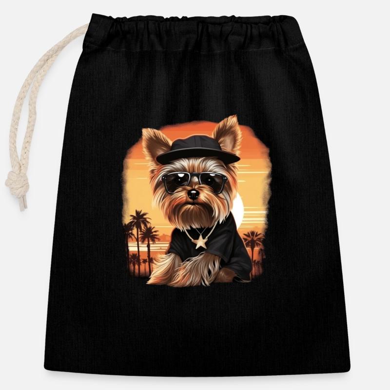 Yorkshire Terrier mit Sonnenbrille - Verschließbarer Geschenkbeutel aus Baumwolle (25x30cm) - Schwarz
