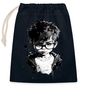 Boy with glasses at school one. - Closable cotton gift bag (25x30cm) - navy - Front