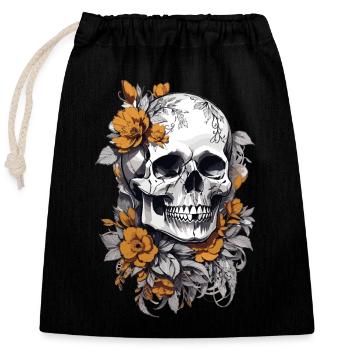 Totenkopf mit Blumen - Verschließbarer Geschenkbeutel aus Baumwolle (25x30cm) - Schwarz - Vorne