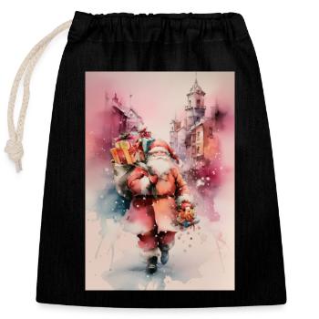 Santa aquarelle urbain et cadeaux - Sac cadeau en coton avec cordon (25 x 30 cm) - noir - Devant