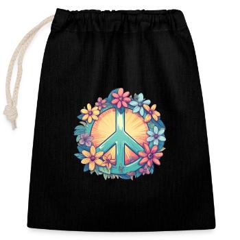 Groovy Retro Peace Sign with Pastel Flowers - Closable cotton gift bag (25x30cm) - black - Front