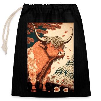 Ukiyo bovin écossais des Highlands - Sac cadeau en coton avec cordon (25 x 30 cm) - noir - Devant