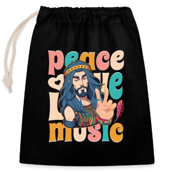 Design rétro hippie - Paix, amour et musique - Sac cadeau en coton avec cordon (25 x 30 cm) - noir - Devant