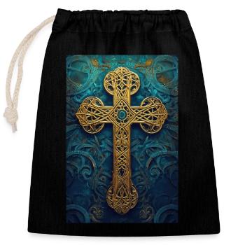 Ornate Golden Celtic Cross - Closable cotton gift bag (25x30cm) - black - Front